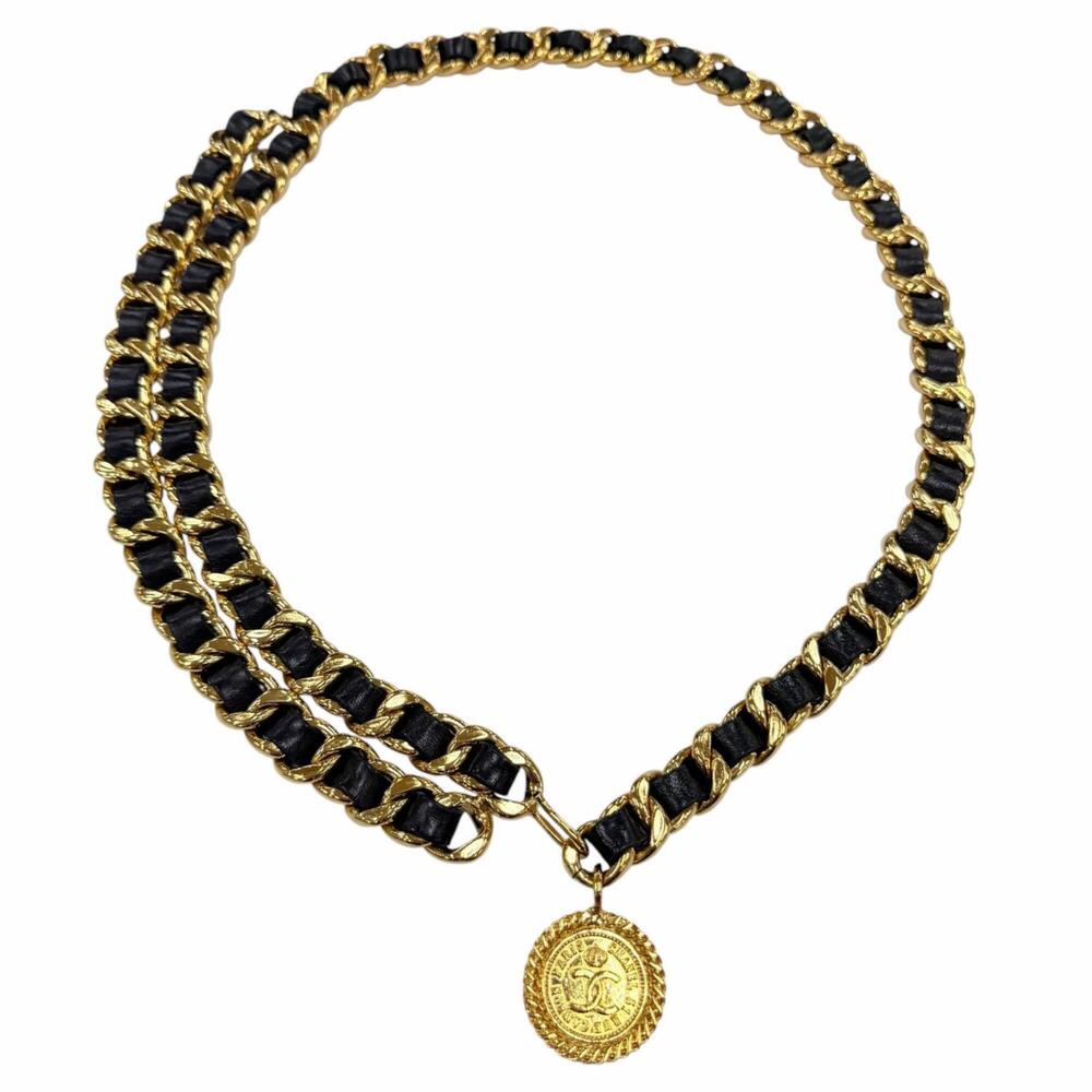 CHANEL Vintage 31 RUE CAMBON Coco Mark Coin Motif Leather Double Chain Belt G...